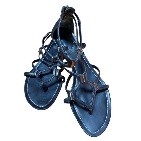 Rene Caovilla Black Leather Flat Gladiator Sandal Zip Back Silver Accent 38/8 - Picture 13 of 16